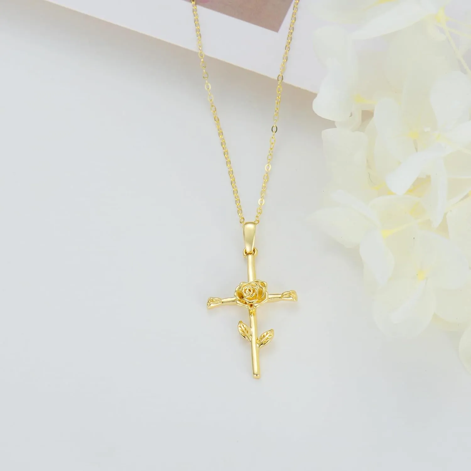 SISGEM Solid 14K Gold Birth Flower Cross Necklace, Real Gold 12 Month Cross Pendant Necklace Religious Birthday Jewelry Gifts for Women, Her