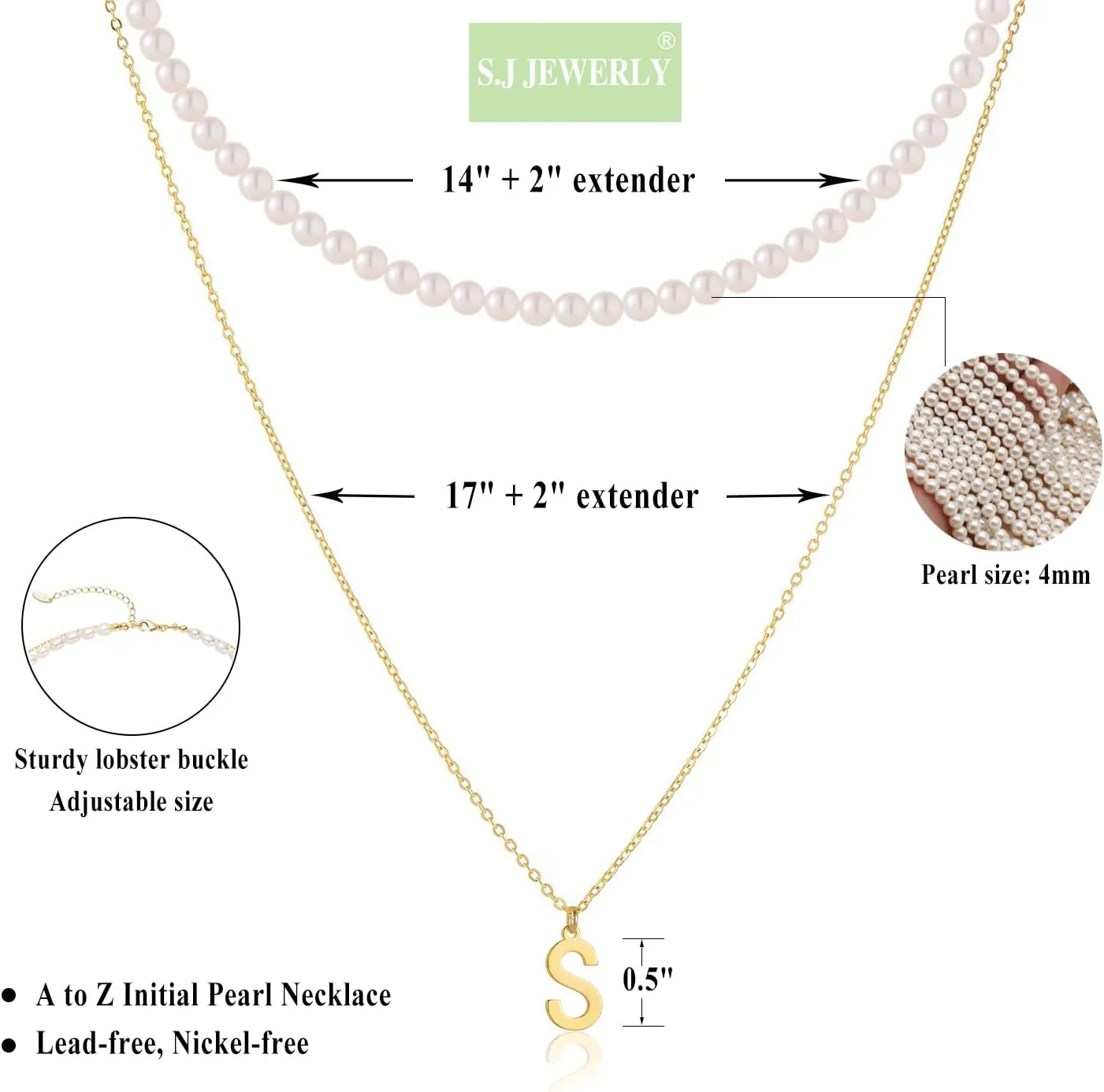 S.J JEWELRY Initial Pearl Necklace for Women 14K Gold Plated Letter Alphabet 26 A-Z Pendant Necklace Dainty Pearl Choker Necklaces Handmade Jewelry