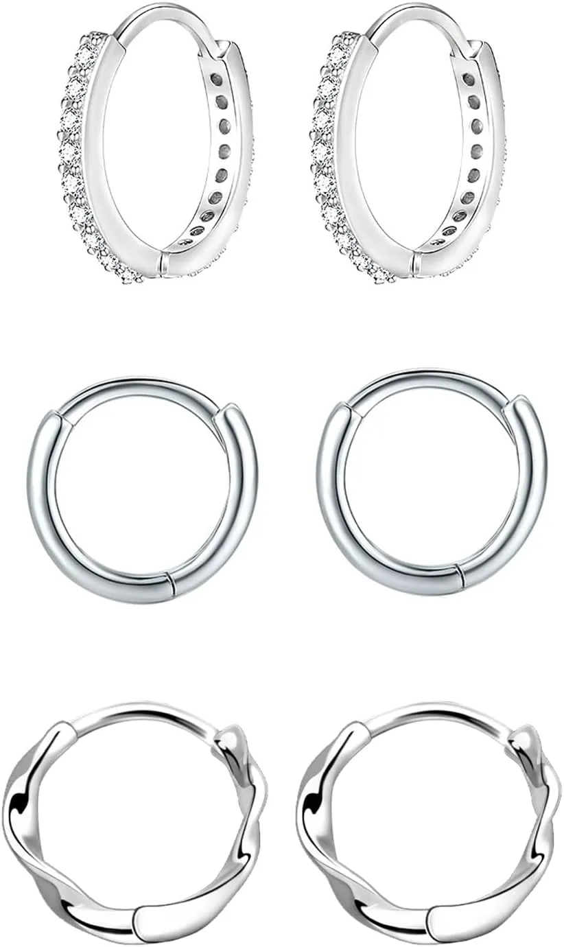 Small Silver Hoop Earrings, Sterling Silver Hoop Earrings For Women Hypoallergenic Earrings Tiny Huggie Hoop Silver Earrings Set For Men 3 Pairs