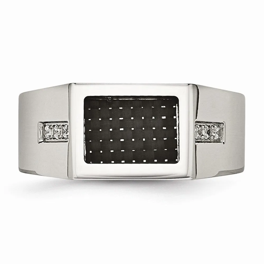 Stainless Steel Polished Black Carbon Fiber Inlay with CZ Ring