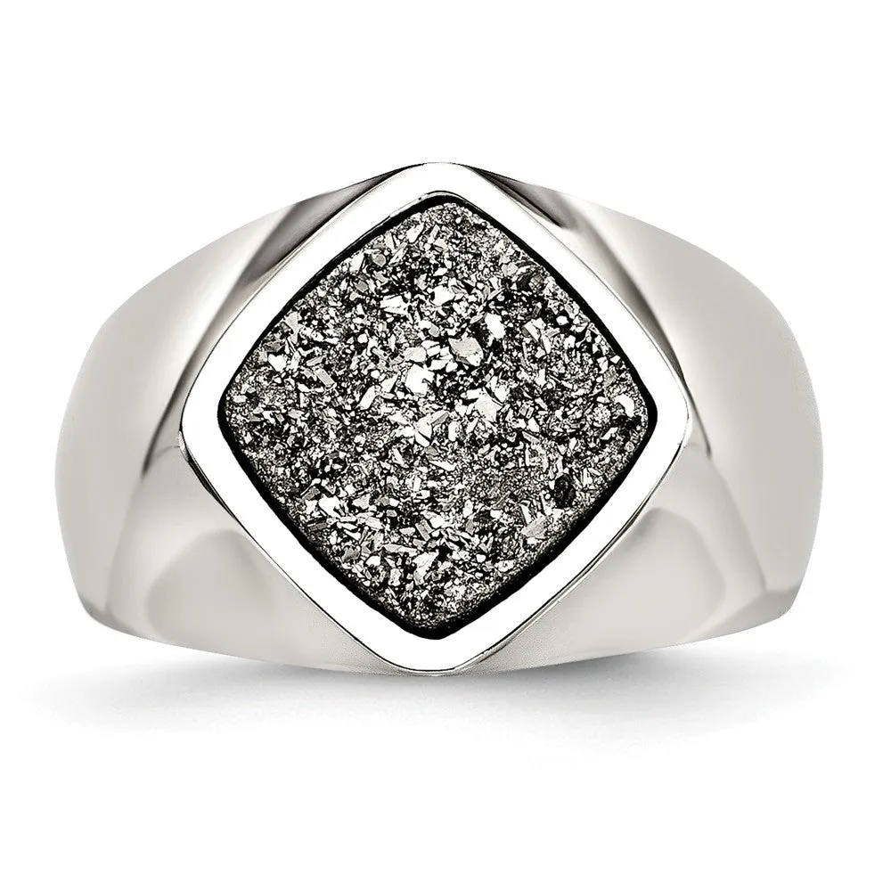 Stainless Steel Polished with Silver Druzy Ring