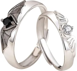 Star Rings Angel Matching Promise Rings for Couples Best Friend Cute Love Jewelry Gift for Him Her Women Men Boyfriend Girlfriend Size Adjustable (C, A)