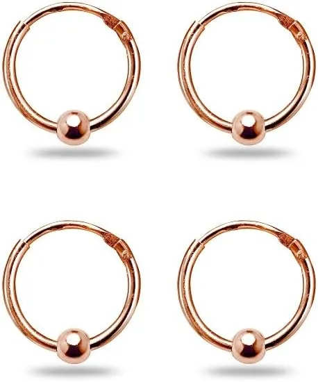 Sterling Silver Ball Bead Small Endless 10mm Thin Round Unisex Hoop Earrings for Men Women Set of 2 Pairs