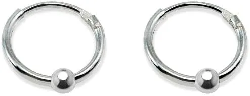 Sterling Silver Ball Bead Small Endless 10mm Thin Round Unisex Hoop Earrings for Men Women
