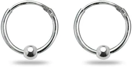 Sterling Silver Ball Bead Small Endless 10mm Thin Round Unisex Hoop Earrings for Men Women