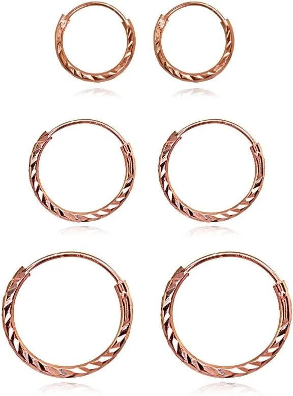 Sterling Silver Diamond-Cut Tiny Small Endless Thin Round Unisex Hoop Earrings for Men Women, Choose Size & Color