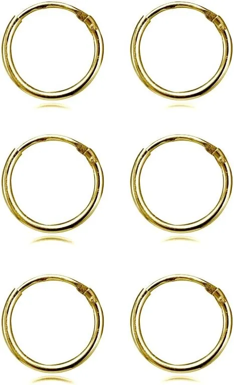 Sterling Silver Small Endless 12mm Round Unisex Hoop Earrings for Men Women Set of 3 Pairs