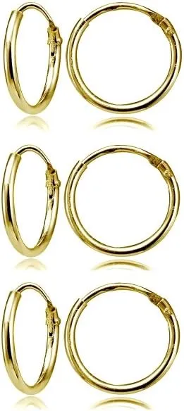 Sterling Silver Small Endless 12mm Round Unisex Hoop Earrings for Men Women Set of 3 Pairs