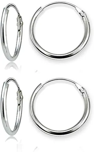 Sterling Silver Small Endless 15mm Round Unisex Hoop Earrings for Men Women Set of 2 Pairs