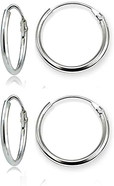 Sterling Silver Small Endless 15mm Round Unisex Hoop Earrings for Men Women Set of 2 Pairs