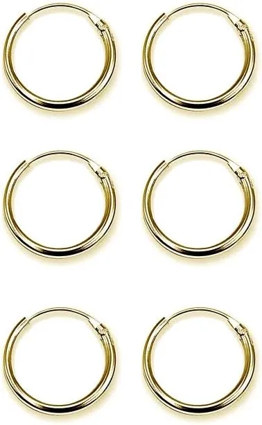 Sterling Silver Small Endless 15mm Round Unisex Hoop Earrings for Men Women Set of 3 Pairs