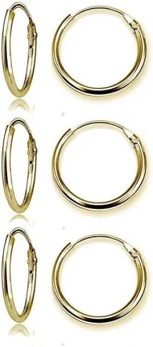 Sterling Silver Small Endless 15mm Round Unisex Hoop Earrings for Men Women Set of 3 Pairs