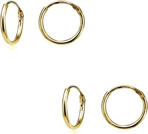 Sterling Silver Small Tiny Endless 12mm Round Unisex Hoop Earrings for Men Women Set of 2 Pairs