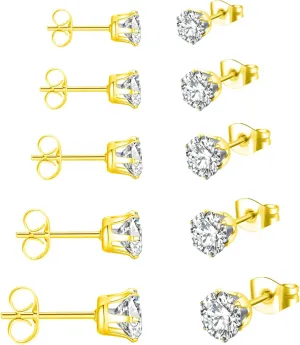 Sterling Silver Stud Earrings for Women 5 Pairs Hypoallergenic Stud Earrings Set Cubic Zirconia Earrings Studs for Girls Women Men Jewelry Gift
