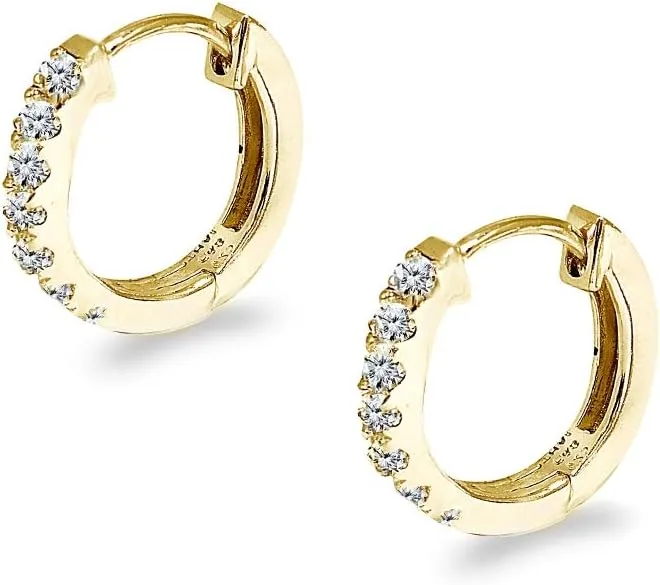 Sterling Silver Tiny Small 15mm Prong-set Cubic Zirconia Round Huggie Hoop Earrings for Men Women