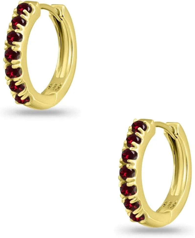 Sterling Silver Tiny Small 15mm Prong-set Genuine or Synthetic Gemstone Round Small Huggie Hoop Earrings for Women