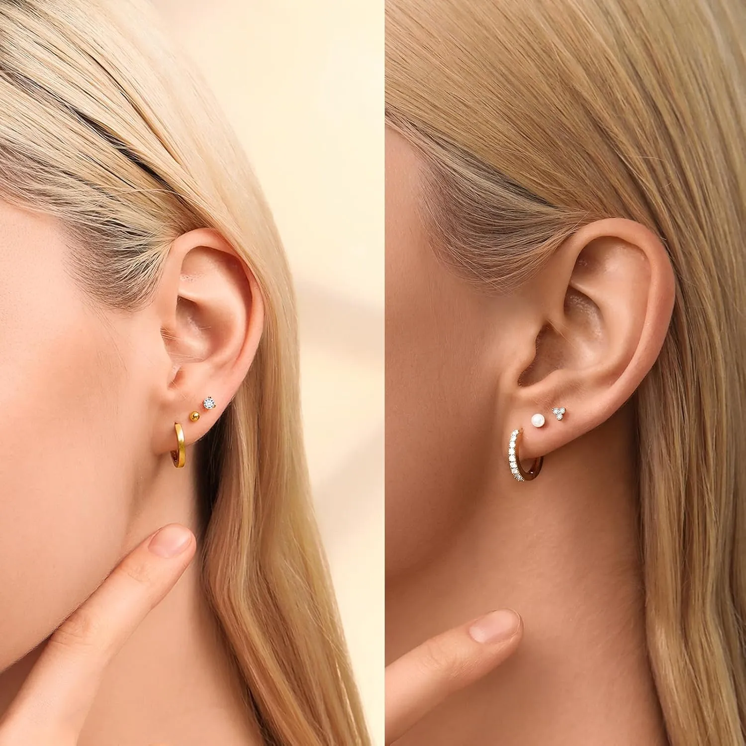 Stud and Hoop Earrings Set for Women 18K Gold Filled CZ Small Ball Studs Huggie Earrings Hypoallergenic Cartilage Earring Sets for Multiple Piercing