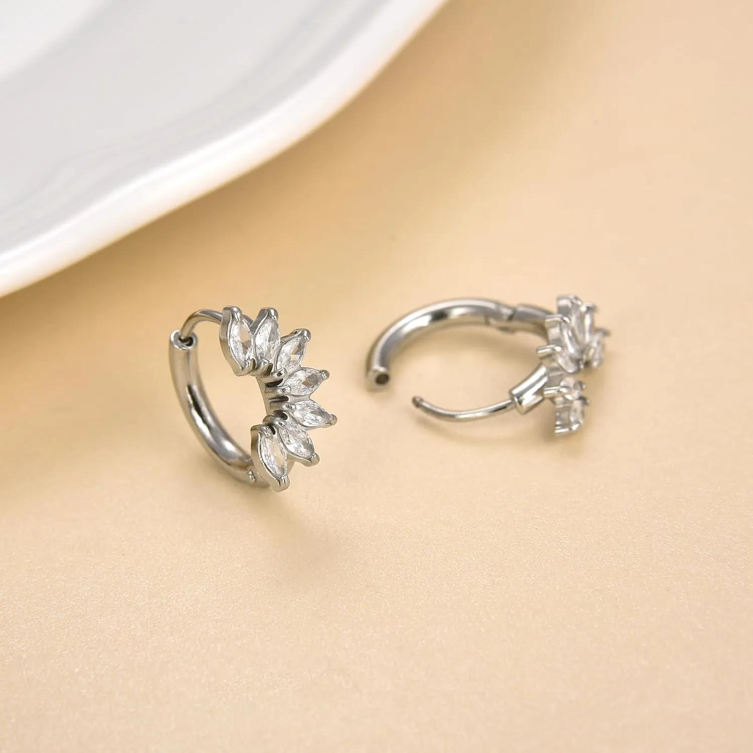 Surgical Stainless Steel Cubic Zirconia Hoop Earrings, Heart Star Square Teardrop Triangle Rectangle Horse Eye Round CZ Huggie earrings for Women