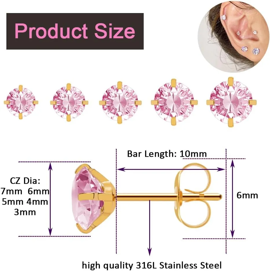 Surgical Steel Stud Earrings Set for Women, Clear Round Cubic Zirconia Earrings Pack, Hypoallergenic 14K White Gold Black Plated 316L CZ Earrings 5 Pairs