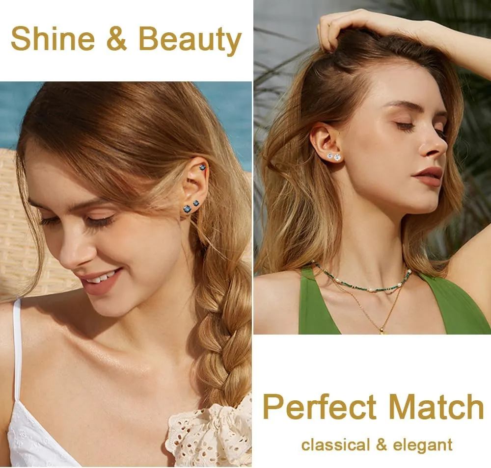 Surgical Steel Stud Earrings Set for Women, Clear Round Cubic Zirconia Earrings Pack, Hypoallergenic 14K White Gold Black Plated 316L CZ Earrings 5 Pairs