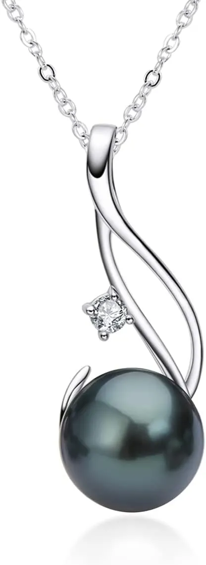 Tahitian Black Pearl Necklace for Women Genuine 9-10mm Round Tahitian Cultured Pearls Pendant 18K Gold Plated 925 Sterling Silver - Jewelry Gifts for Mom Wife Daughter
