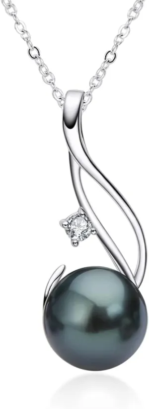 Tahitian Black Pearl Necklace for Women Genuine 9-10mm Round Tahitian Cultured Pearls Pendant 18K Gold Plated 925 Sterling Silver - Jewelry Gifts for Mom Wife Daughter
