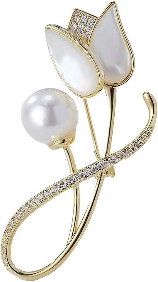 Tulip Flower Brooch Pins for Women Fashion Floral Lapel Pin Mother of Pearl Broach with Imitation Pearl