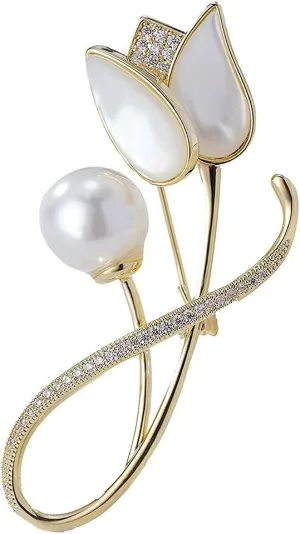 Tulip Flower Brooch Pins for Women Fashion Floral Lapel Pin Mother of Pearl Broach with Imitation Pearl