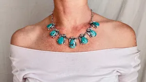 Turquoise & Flowers Sterling Silver Necklace. Taxco. Stunning! 0510