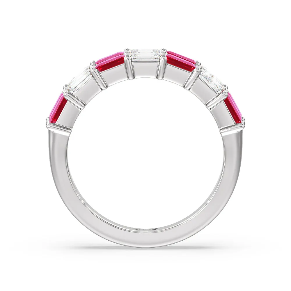 Two Row Created Ruby and Emerald Diamond East-West Anniversary Ring