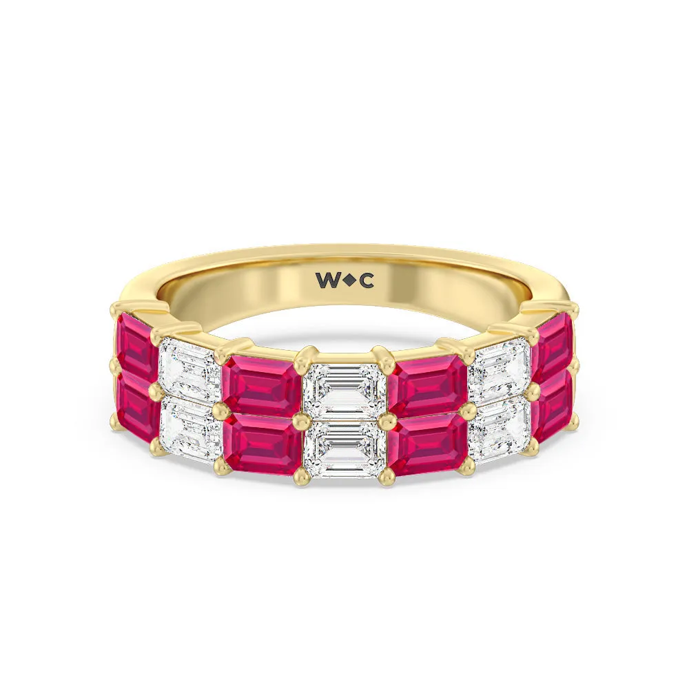 Two Row Created Ruby and Emerald Diamond East-West Anniversary Ring
