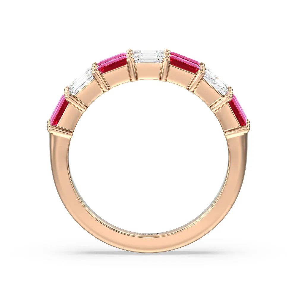 Two Row Created Ruby and Emerald Diamond East-West Anniversary Ring