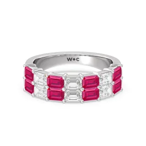 Two Row Created Ruby and Emerald Diamond East-West Anniversary Ring