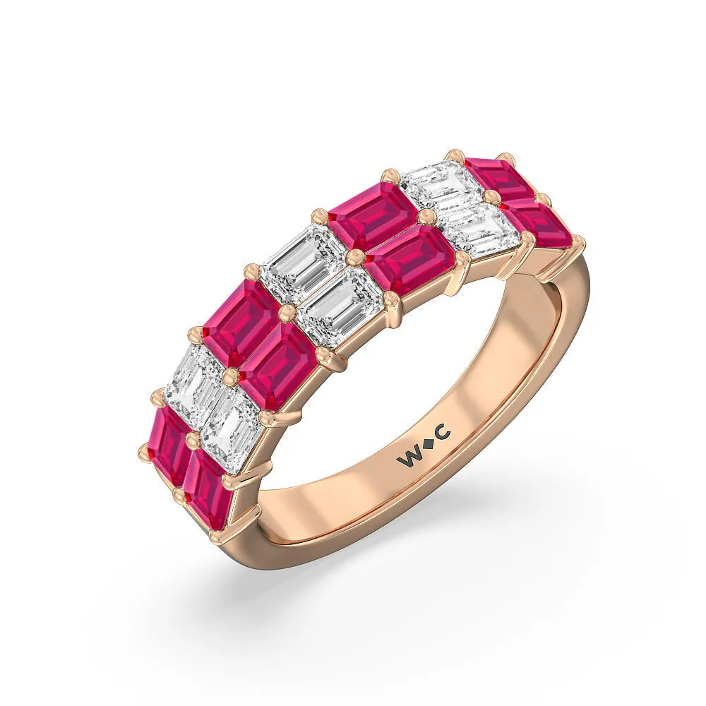 Two Row Created Ruby and Emerald Diamond East-West Anniversary Ring