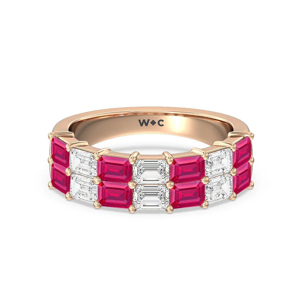 Two Row Created Ruby and Emerald Diamond East-West Anniversary Ring
