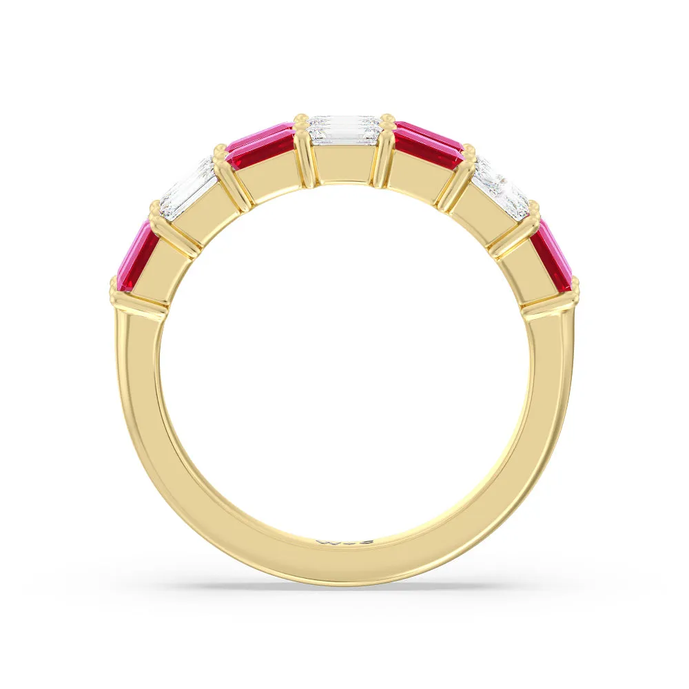Two Row Created Ruby and Emerald Diamond East-West Anniversary Ring