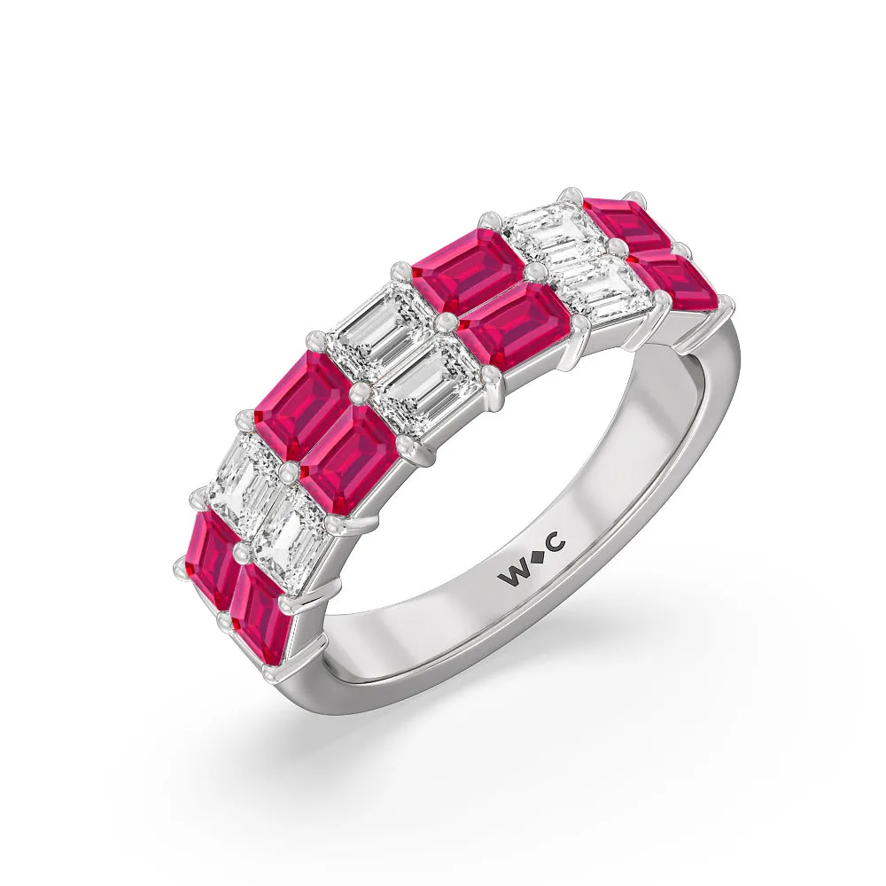 Two Row Created Ruby and Emerald Diamond East-West Anniversary Ring