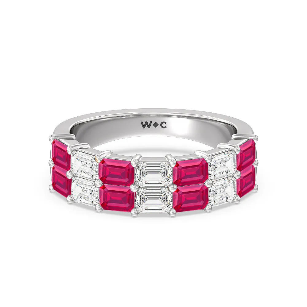 Two Row Created Ruby and Emerald Diamond East-West Anniversary Ring