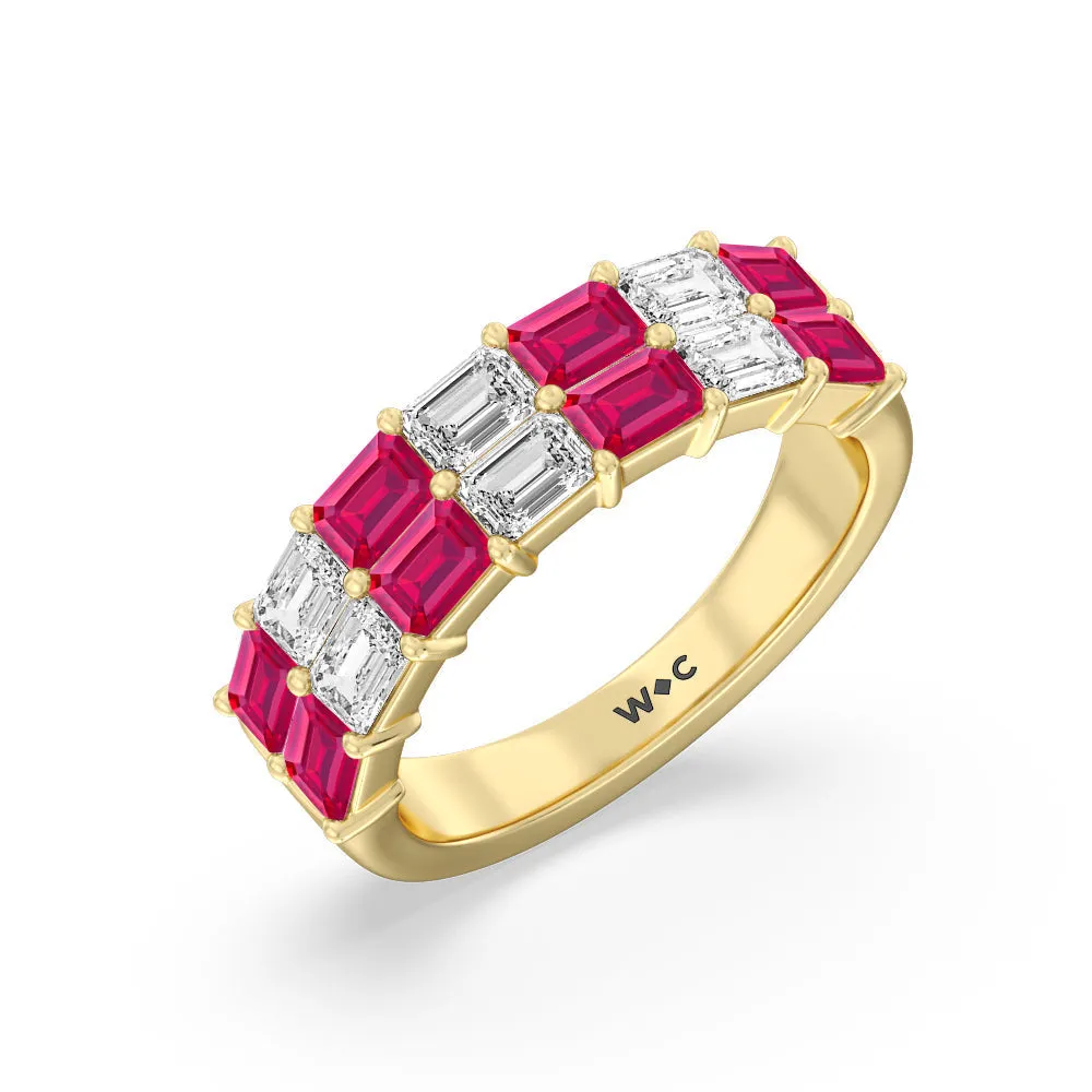 Two Row Created Ruby and Emerald Diamond East-West Anniversary Ring