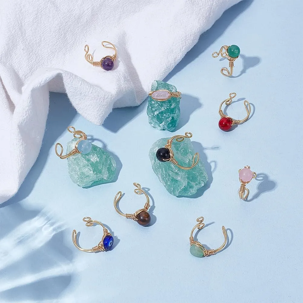 UNICRAFTALE 10 Styles 10Pcs Adjustable Wire Wrapped Rings Irregular Gemstone Rings Set for Women Stackable Fashion Ring Set Gem Ring Light Gold Wire Wrapped Rings 18mm