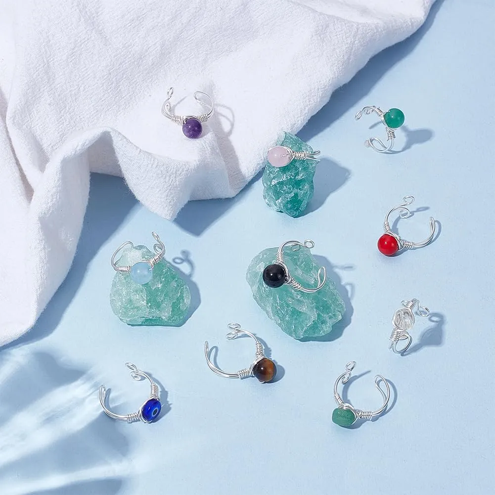 UNICRAFTALE 10 Styles 10Pcs Adjustable Wire Wrapped Rings Irregular Gemstone Rings Set for Women Stackable Fashion Ring Set Gem Ring Light Gold Wire Wrapped Rings 18mm