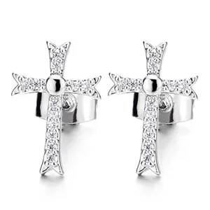 Unisex Mens Womens Cross Stud Earrings with Cubic Zirconia, Exquisite