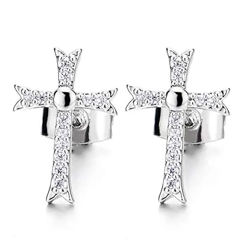 Unisex Mens Womens Cross Stud Earrings with Cubic Zirconia, Exquisite