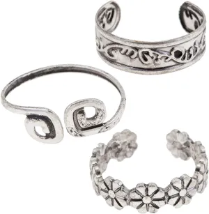VAGA Set of 3 Silver Colored Adjustable Rings Including 2 Toes Rings One with Spirals/Swirls Decorations, One Adjustable and Elaborately Carved and Adjustable Finger Ring with Carved Flowers