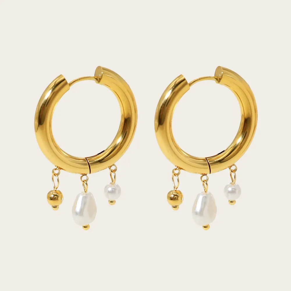 VAIGE Exquisite Baroque Pearl Stainless Steel Huggie Hoop Earrings - 18K Gold Plated Chic Jewelry for All Occasions