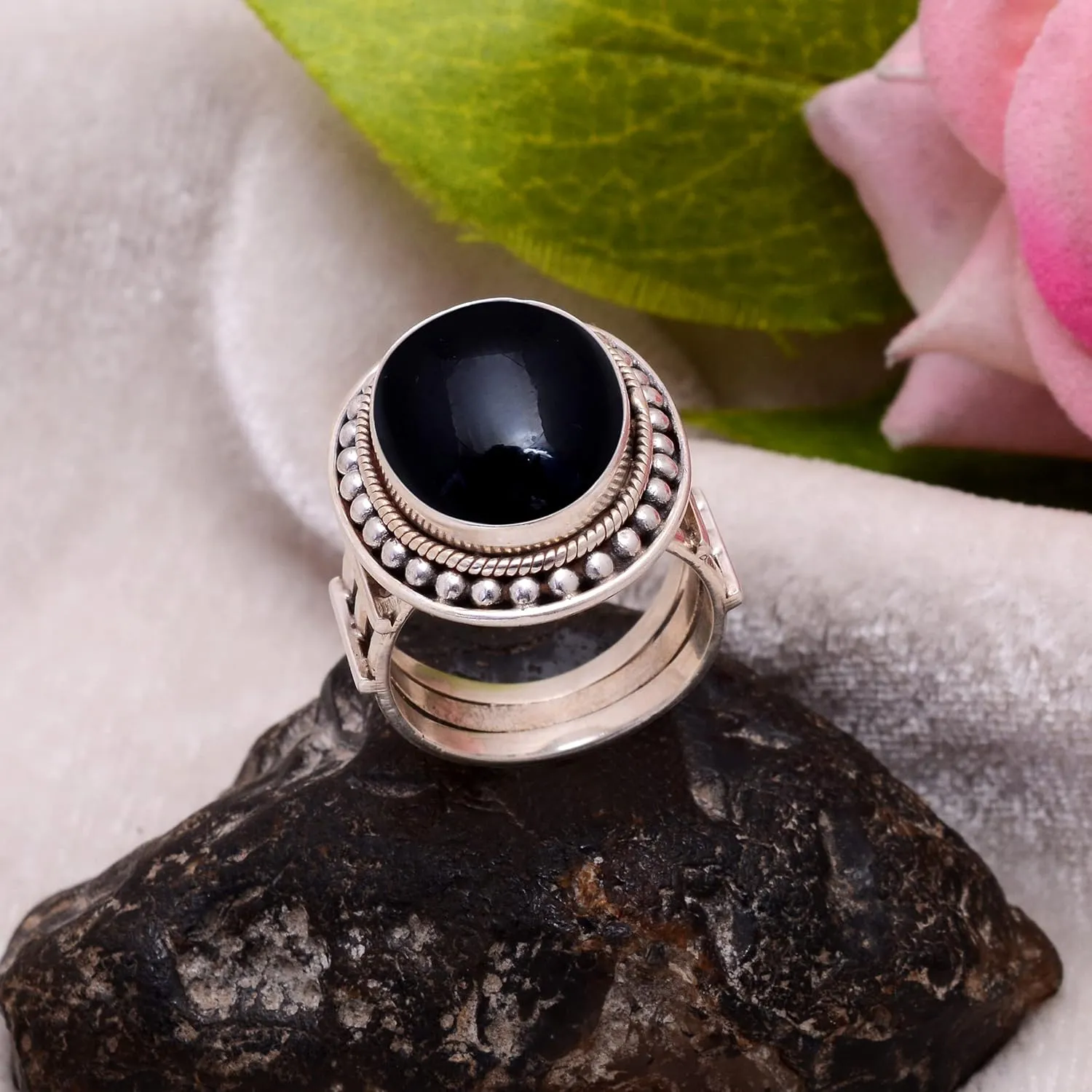 Veracity Jewelry 925 Sterling Silver Black Onyx Rings for Women - Black Onyx Handmade Solid Sterling Silver Women's Ring- Delicate Gemstone Designer Trendy Midi Fashion Black Onyx Rings - VSR-6