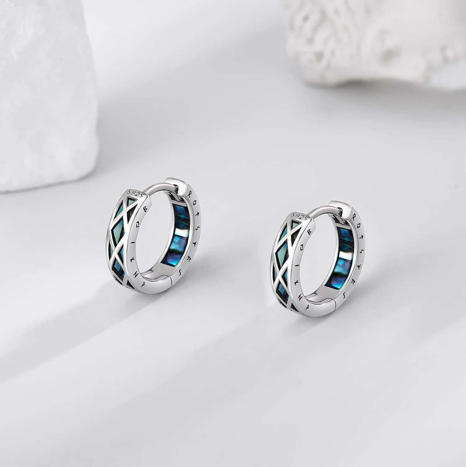 Viking Celtic/Dragon/Triangle Hoop Earrings Sterling Silver Black/Abalone Shell/Opal Punk Huggie Hoop Earrings Viking Jewelry Gift for Men