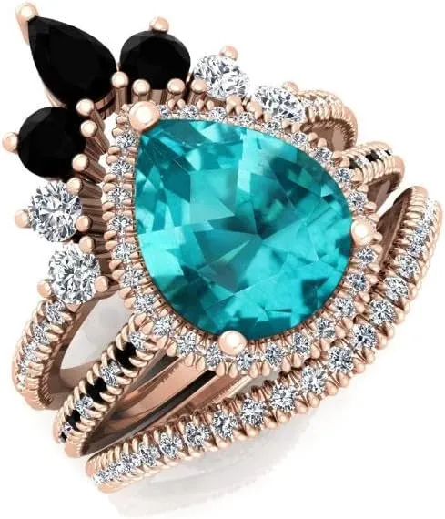 Vintage 108mm Pear Cut Paraiba Tourmaline Natural Gemstone Ring, 3pcs Crown Shaped Bridal Ring, 925 Sterling Silver Ring For Her