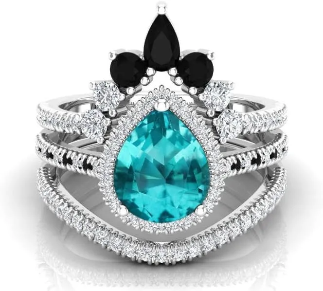 Vintage 108mm Pear Cut Paraiba Tourmaline Natural Gemstone Ring, 3pcs Crown Shaped Bridal Ring, 925 Sterling Silver Ring For Her