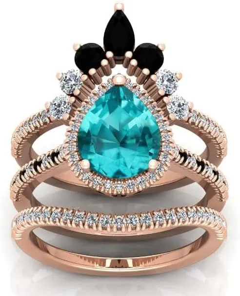 Vintage 108mm Pear Cut Paraiba Tourmaline Natural Gemstone Ring, 3pcs Crown Shaped Bridal Ring, 925 Sterling Silver Ring For Her